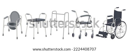 Means of rehabilitation of disabled.A medical instrument for rehabilitation.Wheelchair, walker and toilet chair for people with disabilities and the elderly.Vector illustration.