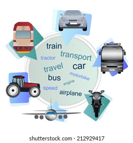 Means of transport in the bubbles - car, bus, tractor, motorcycle, airplane and train