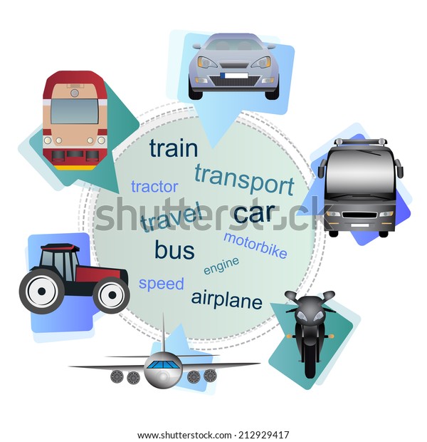Means of transport in the bubbles -\
car, bus, tractor, motorcycle, airplane and\
train
