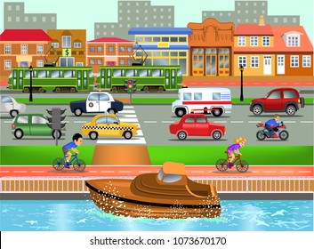 Means of transport in busy town illustration