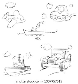 Means of transport, drawn in pencil