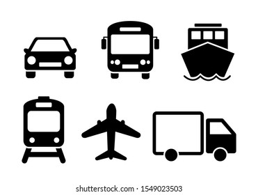 Means of transport icon set. Black solid flat travel modes web icons of car, train, ship, airplane and bus. EPS 10 vector