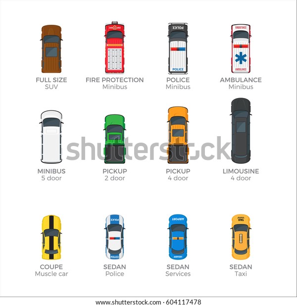 Means of transportation collection on white. Vector\
poster of police and ambulance minibuses, fire protection, yellow\
taxi and other urban vehicle types with two, four and five doors\
and names below