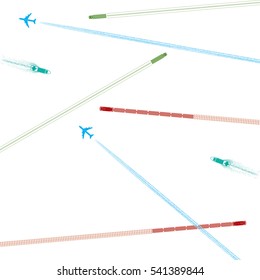 Means of Transportation Logistics Composition Depicting Vehicle Ship Plane Train with Specific Traces Top View Icons Set - Symbolic Color Elements on White Background - Flat Graphic Silhouette Style