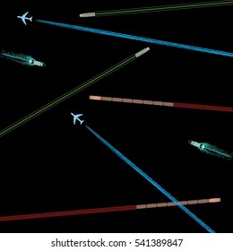 Means of Transportation Logistics Composition Depicting Vehicle Ship Plane Train with Specific Traces Top View Icons Set - Symbolic Color Elements on Black Background - Flat Graphic Silhouette Style