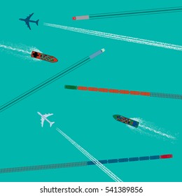 Means of Transportation Logistics Composition Depicting Vehicle Ship Plane Train with Specific Traces Top View Icons Set - Colored in Detail Large Scale Elements on Turquoise Background - Flat Graphic