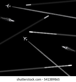 Means of Transportation Logistics Composition Depicting Vehicle Ship Plane Train with Specific Traces Top View Icons Set - White and Grey Elements on Black Background - Flat Graphic Silhouette Style