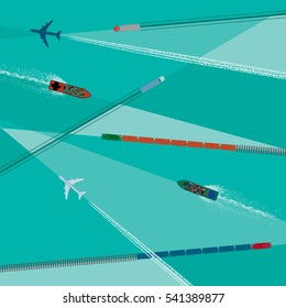 Means of Transportation Logistics Composition Depicting Vehicle Ship Plane Train with Specific Traces Top View Set - Colored in Detail Large Scale Icons on Turquoise Tiles Background - Flat Design