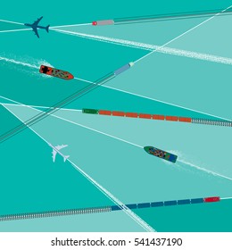 Means of Transportation Logistics Composition Depicting Vehicle Ship Plane Train with Specific Traces and Guidelines Top View - Colored in Detail Vast Scale Icons on Turquoise Background - Flat Design