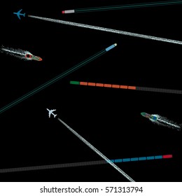 Means of Transportation Logistics Composition Depicting Vehicle Ship Plane Train with Specific Traces Top View Icons Set - Colored in Detail Elements on Black Background - Flat Graphic Design