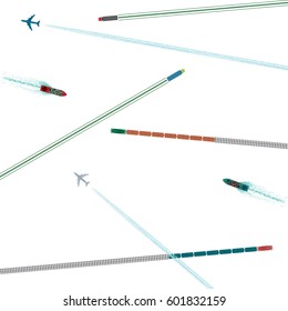 Means of Transportation Logistics Composition Depicting Vehicle Ship Plane Train with Specific Traces Top View Icons Set - Colored in Detail Elements on White Background - Flat Graphic Design