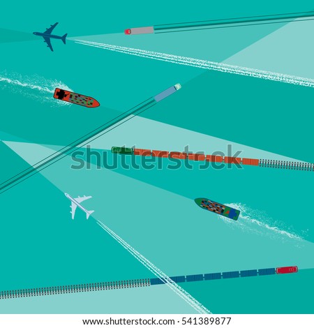 Means of Transportation Logistics Composition Depicting Vehicle Ship Plane Train with Specific Traces Top View Set - Colored in Detail Large Scale Icons on Turquoise Tiles Background - Flat Design