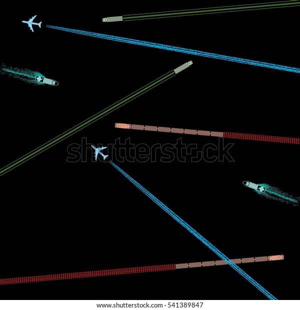 Means of Transportation Logistics Composition\
Depicting Vehicle Ship Plane Train with Specific Traces Top View\
Icons Set - Symbolic Color Elements on Black Background - Flat\
Graphic Silhouette Style