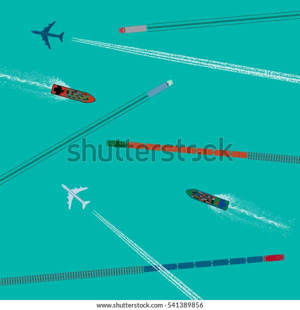 Means of Transportation Logistics Composition\
Depicting Vehicle Ship Plane Train with Specific Traces Top View\
Icons Set - Colored in Detail Large Scale Elements on Turquoise\
Background - Flat\
Graphic