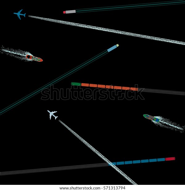 Means of Transportation Logistics Composition\
Depicting Vehicle Ship Plane Train with Specific Traces Top View\
Icons Set - Colored in Detail Elements on Black Background - Flat\
Graphic Design