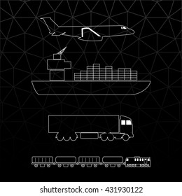 Means of Transportation Logistics Main Modes of Transport Vector Icons - Vehicle Ship Plane Train Side View White Outline on Black - Infographic Silhouette Style