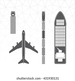 Means of Transportation Logistics Main Modes of Transport Vector Icons - Vehicle Ship Plane Train Top View Black on White - Infographic Silhouette Style