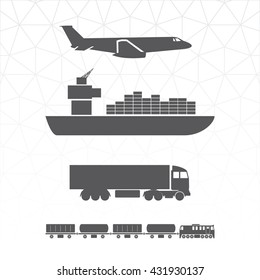 Means of Transportation Logistics Main Modes of Transport Vector Icons - Vehicle Ship Plane Train Side View Black on White - Infographic Silhouette Style