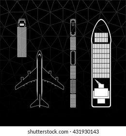 Means of Transportation Logistics Main Modes of Transport Vector Icons - Vehicle Ship Plane Train Top View White Outline on Black - Infographic Silhouette Style