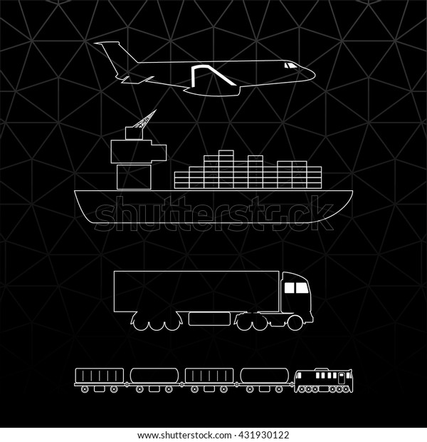 Means of Transportation\
Logistics Main Modes of Transport Vector Icons - Vehicle Ship Plane\
Train Side View White Outline on Black - Infographic Silhouette\
Style