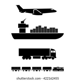 Means of Transportation Logistics Main Transport Modes Side View - Vehicle Ship Plane Train - Graphic Silhouette Style