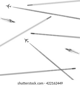 Means of Transportation Main Transport Modes Top View Logistics Composition - Vehicle Ship Plane Train with Specific Traces - Graphic Silhouette Style