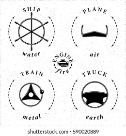 Means of Transportation Truck Ship Plane Train Steering Wheels Symbolizing Transport Modes in Connection with Main Elements Logo Style Icons Set - Black Elements on White Background - Vector Graphic
