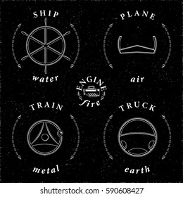 Means of Transportation Truck Ship Plane Train Steering Wheels Symbolizing Transport Modes in Connection with Main Elements Logo Style Icons Set - White on Black Background - Vector Contrast Graphic
