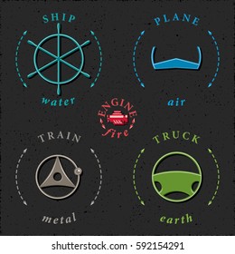 Means of Transportation Truck Ship Plane Train Steering Wheels Symbolizing Transport Modes in Connection with Main Elements Logo Style Icons Set - Symbolic Colors on Black Background - Flat Design