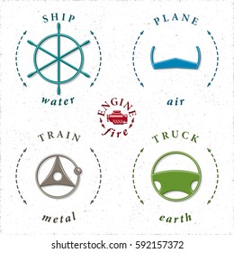 Means of Transportation Truck Ship Plane Train Steering Wheels Symbolizing Transport Modes in Connection with Main Elements Logo Style Icons Set - Symbolic Colors on White Background - Flat Design