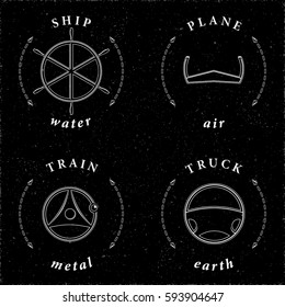 Means of Transportation Truck Ship Plane Train Steering Wheels Symbolizing Transport Modes in Connection with Four of Main Elements Logo Style Icons Set - White on Black Background - Vector Graphic