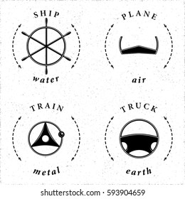 Means of Transportation Truck Ship Plane Train Steering Wheels Symbolizing Transport Modes in Connection with Four of Main Elements Logo Style Icons Set - Black on White Background - Vector Graphic