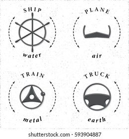 Means of Transportation Truck Ship Plane Train Steering Wheels Symbolizing Transport Modes in Connection with Four of Main Elements Logo Style Icons Set - Dark Grey on White Background - Flat Design