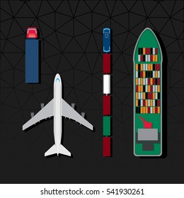 Means of Transportation Vehicle Ship Plane Train with Freight Top View Logistics Icons Set - Colored in Details Black Blue Brown Green Grey Orange and Red Elements on Black Background - Flat Design