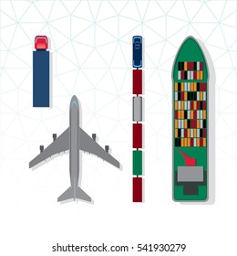 Means of Transportation Vehicle Ship Plane Train with Freight Top View Logistics Icons Set - Colored in Details Black Blue Brown Green Grey Orange and Red Elements on White Background - Flat Design
