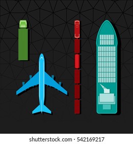 Means of Transportation Vehicle Ship Plane Train with Freight Top View Logistics Icons Set - Symbolic Monochrome Color In Detail Blue Brown Green Turquoise Elements on Black Background - Flat Design