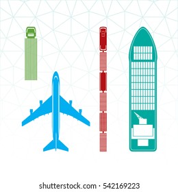 Means of Transportation Vehicle Ship Plane Train with Freight Top View Logistics Icons Set - Symbolic Color Silhouette Blue Brown Green Turquoise Elements on White Background - Flat Graphic Design