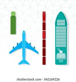 Means of Transportation Vehicle Ship Plane Train with Freight Top View Logistics Icons Set - Symbolic Monochrome Color In Detail Blue Brown Green Turquoise Elements on White Background - Flat Design