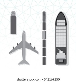 Means of Transportation Vehicle Ship Plane Train with Freight Top View Logistics Icons Set - Greyscale Monochrome Color In Detail Blue Brown Green Turquoise Elements on White Background - Flat Design