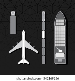 Means of Transportation Vehicle Ship Plane Train with Freight Top View Logistics Icons Set - Greyscale Monochrome Color In Detail Blue Brown Green Turquoise Elements on Black Background - Flat Design