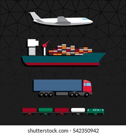 Means of Transportation Vehicle Ship Plane Train with Freight Side View Logistics Icons Set - Colored in Details Black Blue Brown Green Grey Orange and Red Elements on Black Background - Flat Design