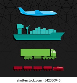 Means of Transportation Vehicle Ship Plane Train with Freight Side View Logistics Icons Set - Symbolic Monochrome Color In Detail Blue Brown Green Turquoise Elements on Black Background - Flat Design