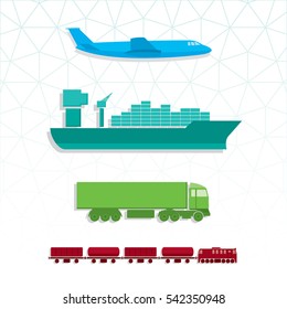 Means of Transportation Vehicle Ship Plane Train with Freight Side View Logistics Icons Set - Symbolic Monochrome Color In Detail Blue Brown Green Turquoise Elements on White Background - Flat Design