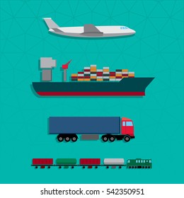 Means of Transportation Vehicle Ship Plane Train with Freight Side View Logistics Icons - Colored in Details Black Blue Brown Green Grey Orange and Red Elements on Turquoise Background - Flat Design