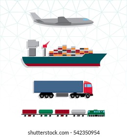 Means of Transportation Vehicle Ship Plane Train with Freight Side View Logistics Icons Set - Colored in Details Black Blue Brown Green Grey Orange and Red Elements on White Background - Flat Design