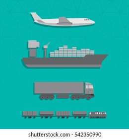 Means of Transportation Vehicle Ship Plane Train with Freight Side View Logistics Icons Set - Greyscale Monochrome Color In Detail Elements on Turquoise Background - Flat Graphic Design