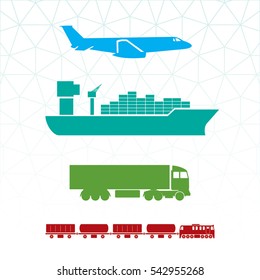 Means of Transportation Vehicle Ship Plane Train with Freight Side View Icons Set - Symbolic Color Silhouette Blue Brown Green Turquoise Elements on White Background - Flat Graphic Design