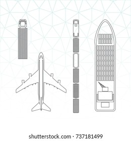 Means of Transportation Vehicle Ship Plane Train with Freight Top View Logistics Concept Icons Set - Grey Outlined Elements on White Background - Vector Thin Line Graphics