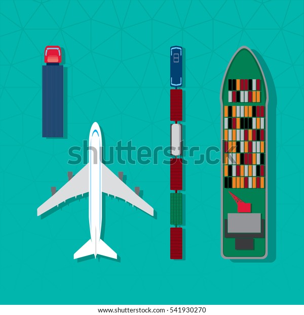 Means of Transportation Vehicle Ship Plane Train\
with Freight Top View Logistics Icons Set - Colored in Details\
Black Blue Brown Green Grey Orange and Red Parts on Turquoise\
Background - Flat Design