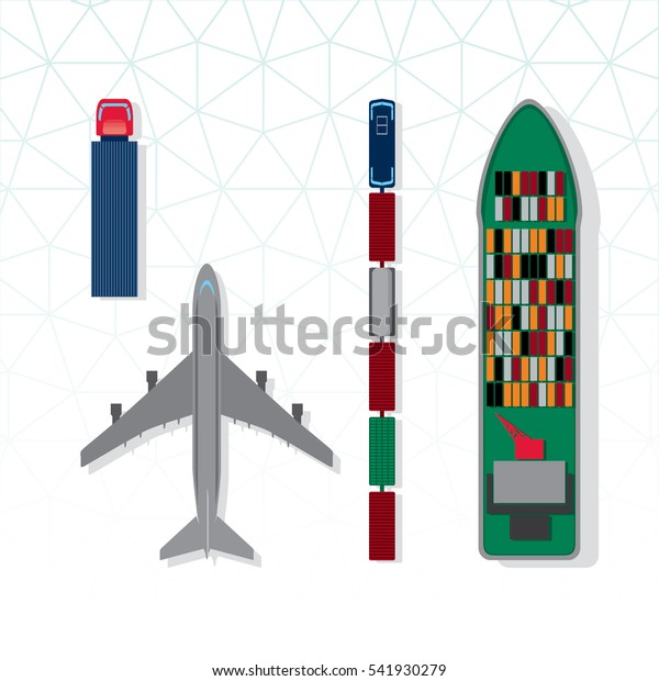 Means of Transportation Vehicle Ship Plane Train\
with Freight Top View Logistics Icons Set - Colored in Details\
Black Blue Brown Green Grey Orange and Red Elements on White\
Background - Flat\
Design\
